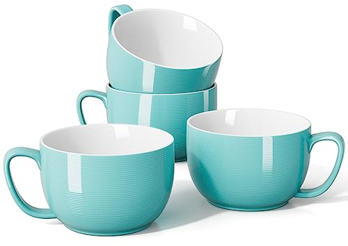 Teocera 24 oz Soup Bowls with Handles, Porcelain Large Coffee Mug Set, Jumbo Mugs, Soup Bowls Mugs set of 4 for Coffee, Oatmeal, Stew - Striped Design, Turquoise