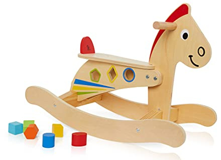 Beehive Toys Wooden Rocking Horse 2-in-1 Ride-on Toy with Shape Sorter and Blocks for Toddlers