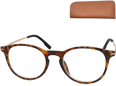 Moderna nerd läsglasögon med stora runda linser – med gratis fodral, plastbåge (leopardmönster) och metallskalmar (guld), hornbåge damer och herrar +2.0 dioptrier