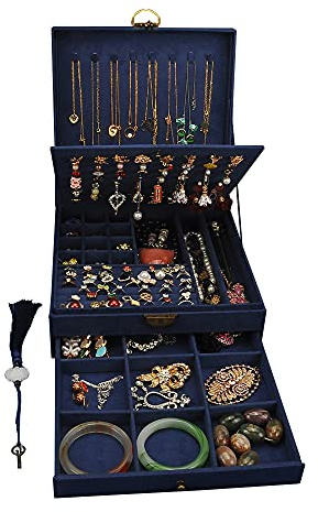 GYJOYERO Schmuckkästen für Damen 3 Schichten großer Schmuck-Organizer Aufbewahrungsbox für Ohrringe Halsketten Ringe Armbänder Schmuckhalter abschließbar Schmuckkästchen (Navy blau)