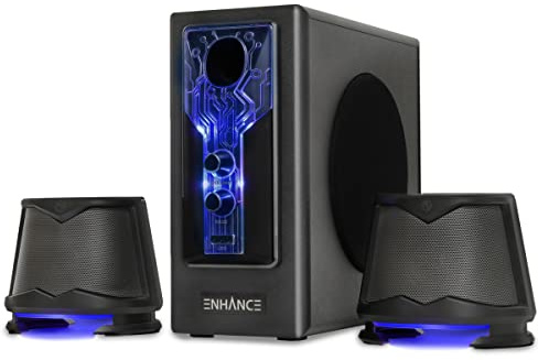 ENHANCE Altavoces de computadora SB 2.1 con subwoofer – Altavoces LED azules para juegos, sistema de sonido de alta excursión, alimentado por CA y 3.5 mm, escritorio, portátil