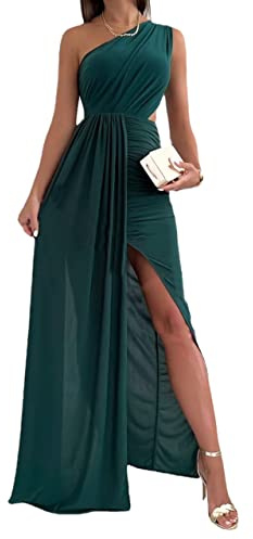 Vagbalena Femmes Sexy Une Épaule Plissée Slim Fente Longue sans Manches Enveloppe Plissée Haute Split Robes De Demoiselle d'honneur De Mariage sans Manches Robe Fente Enveloppante (Vert,M)