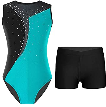 TTAO Kinder Mädchen Ärmellos Gymnastikanzug mit Strassstein Training Leotard mit Shorts Turn Set Gymnastik Training Dancewear Gymnastikbody Blau Grün & Schwarz 146-152
