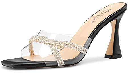 HEUIVZAR Femmes Mi Kitten Talon Heel Ouvert Carré Bout Mules Chaussures Slip-on Diamant Cristal Danse Clear Été Chaussures Noir 36 EU
