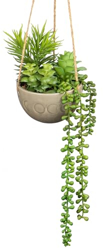Hollyone Gefälschte Hängepflanze mit Topf, künstliche Sukkulenten im Keramiktopf, gefälschte grüne Topfpflanze für Indoor Schlafzimmer Bad Küche Büro Heimdekoration 40CM