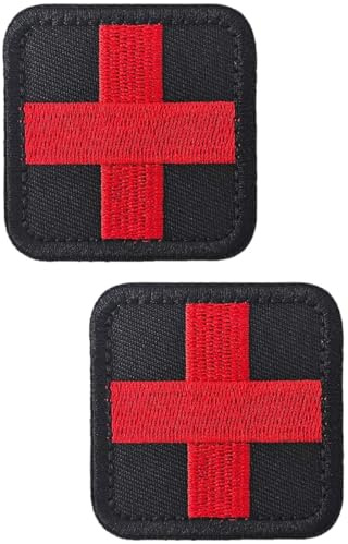 TXSN 2 st medicinska lappar, röd korss första hjälpen krok & ögla lapp fullt broderi EMT EMS emblem, svart