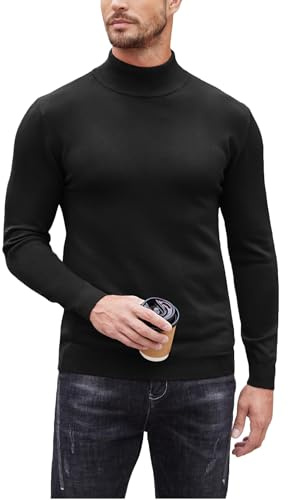 COOFANDY Pull à col roulé pour homme - Coupe ajustée - Loisirs - Basique - Col roulé - Élastique - Couleur unie, Noir , M