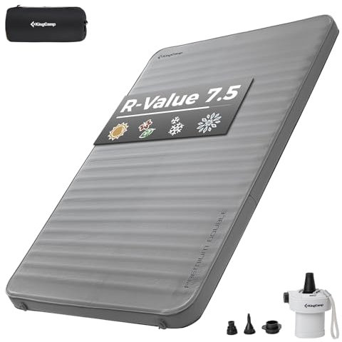 KingCamp Premium Double Self Inflating Sleeping Pad with Air Pump, 7.5 R-Value Air & Foam Camping Mattress 2 Person, 3 Thick Full Size Double Insulated Sleeping Pad for Car Camp Tent, PVC Free, Grey
