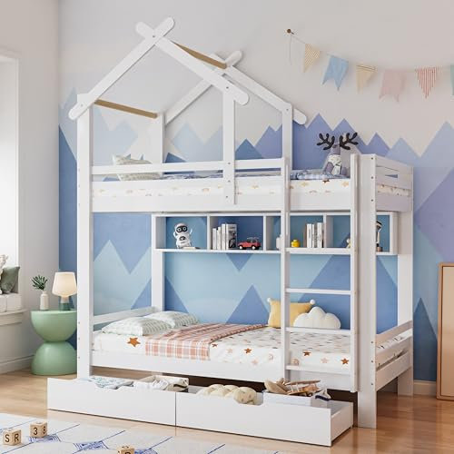 Aoskem Kinderbett 90x200 Etagenbett für 2 Kinder, Bett mit Stauraum 2 Schubladen, Hochbett Hausbett Holzbett Bettgestell mit Rausfallschutz und Lattenrost, Kieferholz Bettrahmen, Ohne Matratze, Weiß