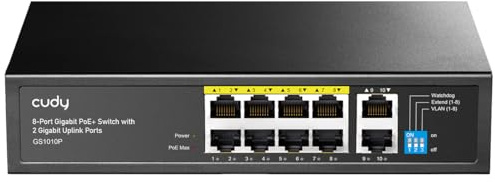 Cudy 10-Port Gigabit 8-Port PoE+ Unmanaged Ethernet Network Switch GS1010P | 120W Budget IEEE 802.3af/at 2 Uplinks 250m CCTV VLAN Extend Fanless Metal Housing 20Gbps Capacity 8K MAC IP Cameras Auto-MDIX