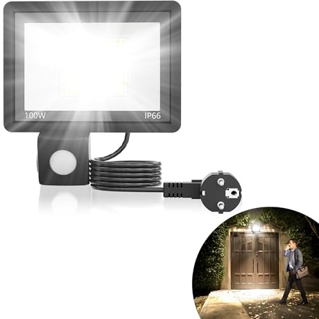 YRHome LED Strahler mit Bewegungsmelder 100W 3500LM Superhell Aussenlampe Fluter Außenleuchte Scheinwerfer Licht IP66 Wasserdicht Außenbeleuchtung für Garage Innenhöfe - Kaltweiß mit 1.5m Stecker