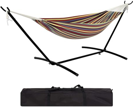 Ultra-Comfort 2-Person Hammock Set with Foldable Steel Frame – Heavy-Duty Outdoor Lounger for Garden, Camping & Patio (450lb Capacity + Quick-Stow Carry Bag),Yellow Rainbow Stripes