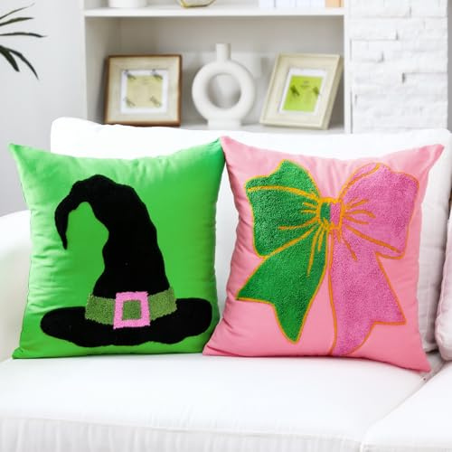 Cinnvoice 2 Pcs Summer Pink and Green Pillow Covers | Witch Embroidered Pillow, Hat and Bow, Living Room and Bedroom, Cute Birthday Gift Party Decorations