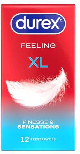 Durex FEELING XL - 12 Préservatifs Fins et Extra Larges pour Homme, Largeur nominale 60mm