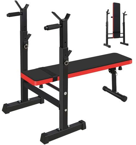 Weight Bench with Height-Adjustable Barbell Rack, Folding Bench Press Workout Bench with Dip Station, Weight Lifting Strength Training Bench for Home Gym