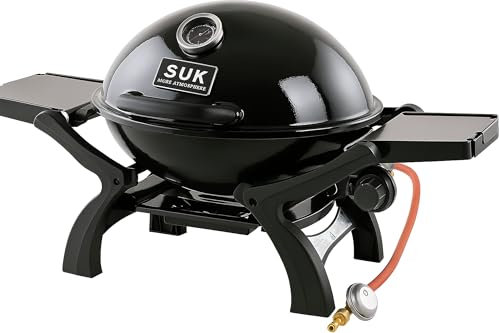 SOUK ONE Barbacoa de gas de mesa Manhattan – Barbacoa móvil de gas de mesa (negro) con parrilla de hierro fundido (ovalada 48 x 36 cm), 3,5 kW de potencia, estantes plegables y termómetro, barbacoa