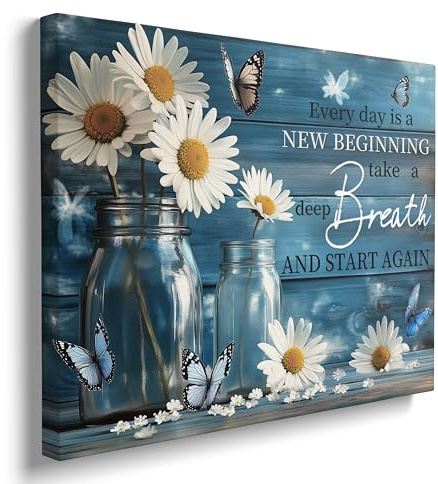 Canvas Wall Art Framed Daisy Butterfly Mason Jar Motivational Quote Modern Farmhouse Calm Vibrant Textured Inspirational Botanical Blue Wall Decor for Home Positive Affirmation Decor 16x24 Inches