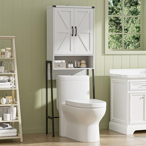 BonVache Toilettenregal mit 2 Türen, Badezimmerregal mit Schrank und Offene Fächer, Regalen für kleine Waschmaschinen, Toilettenschrank für Badezimmer, 171x59.6x25.3cm, Mattweiß