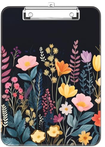 Luminzo Simpatico portablocco in plastica con portapenne, clip in metallo a basso profilo, formato A4, dimensioni 22,9 x 31,8 cm, 8,5 x 11 cm, lavagna per insegnanti, infermieri, aula, fiore nero