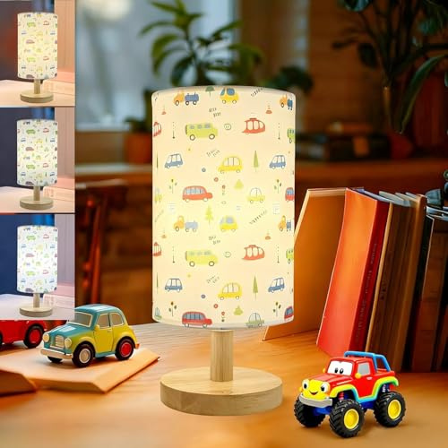 HAKSEIFA Car Kids Table Lamp for Bedroom Boys Bedside Lamps 3 Colors Wooden Nightstand Night Light with Cartoon Linen Lampshade Desk Lamp for Girls Boys Room Nursery Decor,Car Gifts for Kid Children