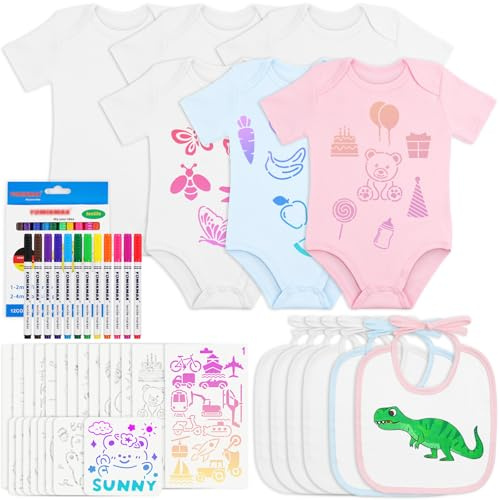 Aolso 12 Pcs Baberos para Pintar Bebés, 6 Monos Algodón de Manga Corta + 6 DIY Baberos Bebé con 12 Bolígrafos Textiles y 22 Plantilla de Pintura, Bodys para Pintar para Juegos de Babyshower(6-9M)