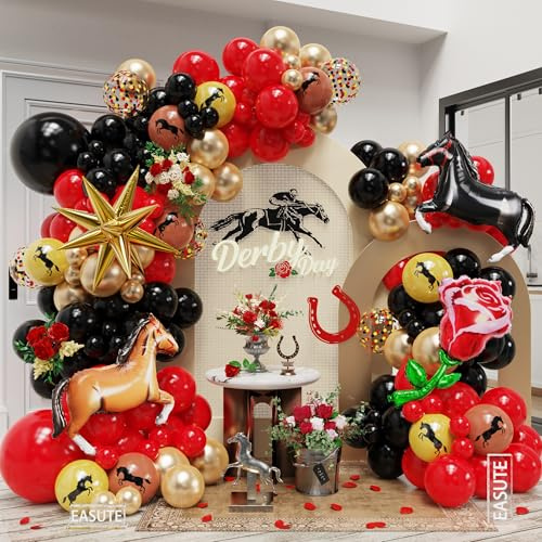 Kentucky Horse Derby Party Decorations, 120PCS Horse Racing Balloon Arch Garland Kit Including Horse Rose Foil Red Black Gold Balloons for Run for the Rose Kentucky Party