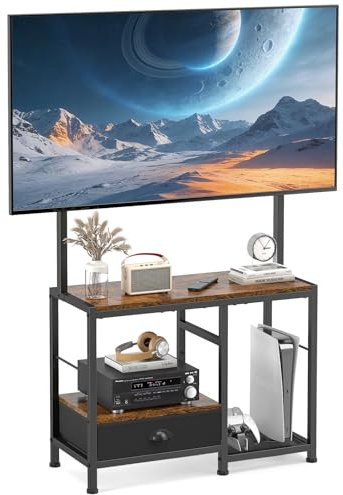 ikkle Universal TV Stand for 32-55 Inch Screens, Adjustable Television Stand with Mount, TV Console Table with Storage Shelf & Drawer, Small TV Stand for Bedroom, Living Room, Brown