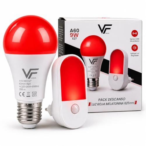 VERLSA Pack 2 Dispositivos Luz Roja Nocturna Melatonina 625nm, bombilla roja para dormir E27 9W + Luz Nocturna con Sensor de Movimiento Enchufable 1W, Flicker Free, 0% Luz Azul