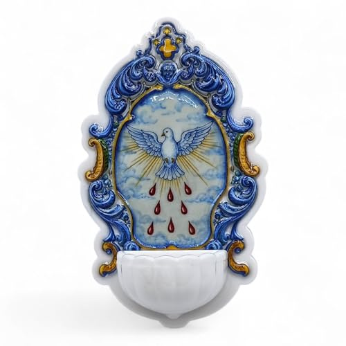 Acquasantiera da Appendere in Resina Tipo Ceramica, Simbolo Calice con Ostia e Spirito Santo, Decorazione Prima Comunione e Cresima, Blu (Spirito Santo)