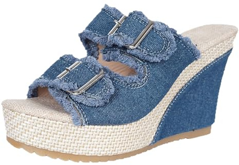 Platform Wedge Sandals Women Orthopedic Open Toe Wedge Shoes High Heel Wide Width Casual Platform Espadrille Ladies Denim Summer Walking Sandals Slip on Slide Shoes