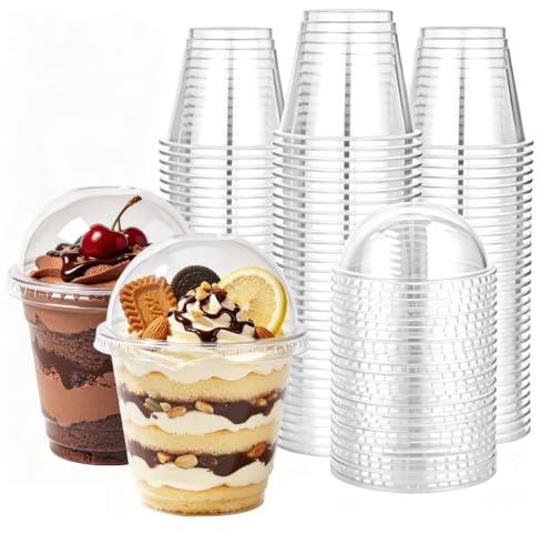 50 stycken dessertburkar i plast med lock och skedar, 260 ml dessertkoppar återanvändbara transparenta parfait förrättskoppar återanvändbara plastmuggar rund för pudding mousse party