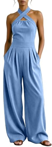 Générique Pantalon Palazzo Femme Chic Et Elegant Pantalons De Travail Combinaison Col Croisé sans Manches Taille Cintrée Plis Devant Coupe Large avec Poches Tissu Texturé Tenue De d'affaires
