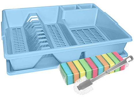 WELLGRO Abtropfgestell aus Kunststoff mit Reinigungsbürste und 10 Schwämmen - 44x35x9 cm (LxBxH) - Schale Geschirrkorb Abtropfkorb Abtropfgitter für Spüle Made in Europe, Farbe:Blau