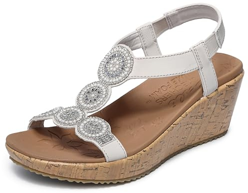 Skechers Women's Beverlee Date Glam Wedge Sandal, Off White Duraleather Clear Rhinestone, 5 UK