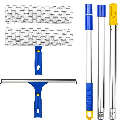 ITTAHO Window Squeegee Cleaner Tool,Window Cleaning Kit with Extension Pole,12 Squeegee and 11 Microfiber Scrubber Combi,Window Washing Equipment for Car, Indoor,Outdoor, High Windows-2 Pads