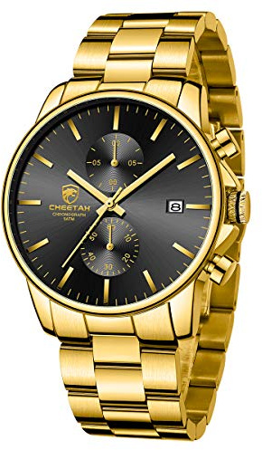 GOLDEN HOUR Reloj de Cuarzo para Hombre de Negocios de Moda con cronógrafo Impermeable de Acero Inoxidable para Hombre, Fecha automática (Gold/Black Dial)