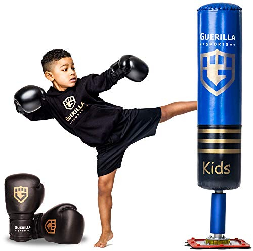 Guerilla Sports Standboxsack „Kids Blue“ - Freistehender Boxsack mit Ständer, inkl. Boxhandschuhe (8oz) - Robuster Punching-Sack für MMA, Boxen, Training - Für Kinder, von 4-13 Jahre