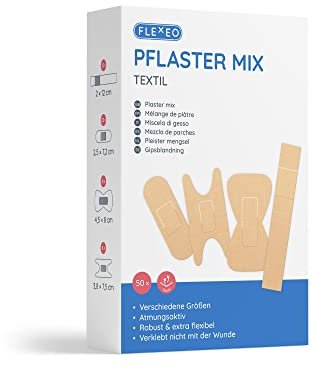 Pflaster Mix Set - in Textil beige 50 Stk - Box mit Fingerpflaster lang, Fingerkuppenpflaster, Fingergelenkpflaster & Pflaserstrips - Pflasterbox gefüllt für Reise & Büro - Pflasterset - band aid