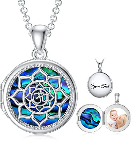 SOULMEET hjärta/rund form medaljong halsband sterlingsilver halsband håller bild foton personlig foto hänge halsband för kvinnor flickor, Sterlingsilver, Abalone