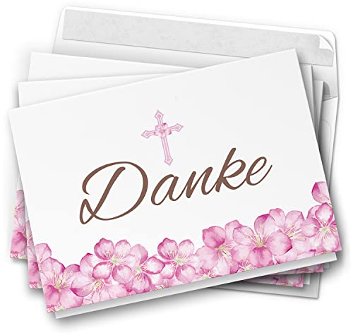 10 Dankeskarten kirchlich - Motiv Kirschblüte rosa - moderne Klappkarten mit Umschlägen - Danke sagen nach Kommunion, Konfirmation, Taufe, Hochzeit
