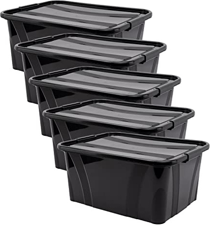 Aufbewahrungsbox + Deckel 5er Set versch. Größen Transportbox schwarz | Lebensmittelbox lebensmittelgeeignet Kunststoffbehälter Lagerbox stapelbar Wäschebox (L 51 x B 38,5 x H 23 cm - 32l)