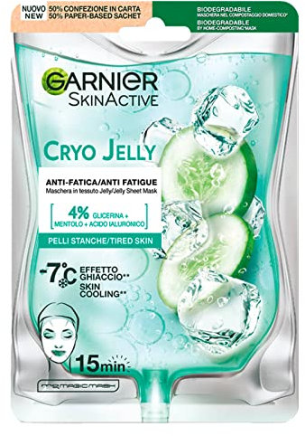 Garnier SkinActive Maschera Viso in Tessuto Hyaluronic Cryo Jelly, Anti-Fatica con Acido Ialuronico, Mentolo e Glicerina, Formula Effetto Ghiaccio, 27 g