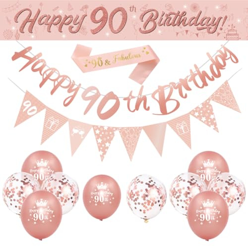 DEARLIVES 14 Piece 90th Birthday Decoration Set: Rose Gold Balloons, Banners & Straps