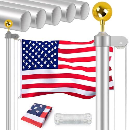 WeValor Kit de mástil de bandera seccional de 16 pies, aluminio extra grueso resistente para exteriores con bandera estadounidense de poliéster de 3 x 5 pulgadas y bola dorada, para residencial o