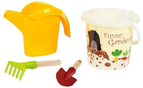 Theo Klein 7621 Conjunto de Cubo y Accesorios - Jardín I Incluye regadera, Pala y rastrillo con Mango Corto de Madera I Plástico Reciclado I Anti-UV, Apto para niños a Partir de 18 Meses