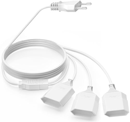Verlängerungskabel Flach, 7M Stromkabel Verlängerung, 3 in 1 Typ-C Stromstecker Flach， Eurostecker auf Doppel Typ-C EuroBuchse, 0.75 mm² Stromkabel 2,5A/250V für PC Lampen Phone-Weiß