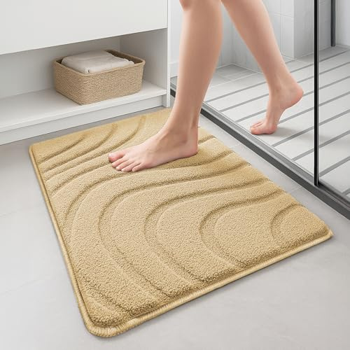 VOUNOT® Alfombra de Baño Antideslizante 40 x 60 cm, Alfombrilla Súper Absorbente y Extra Gruesa de Microfibra con Relieve Ondulado Lavable a Máquina, Suave y Acolchada, Beige