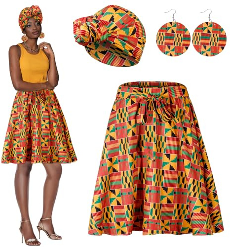 Mukum 4 PCS African Printed Maxi Skirt for Women Outfit Traditional Printed Costume Set with Pockets Wooden Earrings, Classic Gold-short, XL