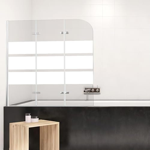 ISOISL Paroi de douche pour baignoire, 120 x 140 cm, en 3 parties, pliable, avec verre de sécurité ESG de 6 mm, paroi de douche pour baignoire, bandes blanches, paroi de baignoire pliante en verre,