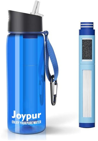 joypur Botella para beber con filtro supervivencia al aire libre 650 ml Botella filtro purificador para exterior Botella de agua potable con 5 capas de materiales de filtro (Azul)